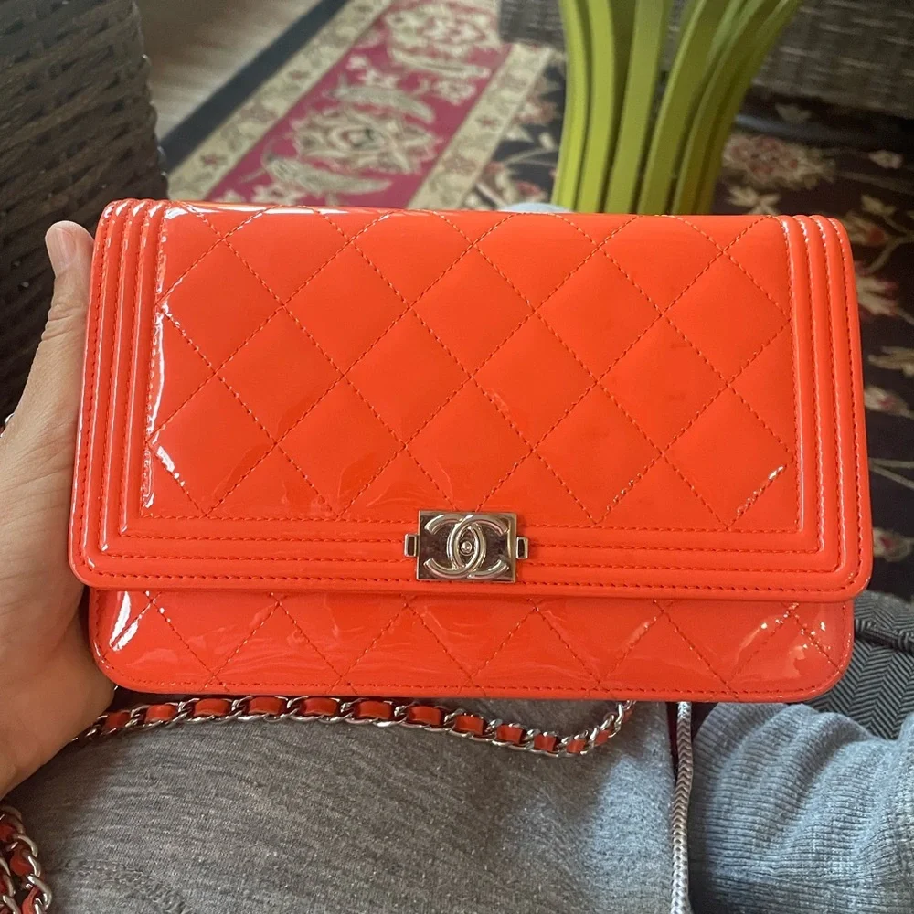 CHANEL Orange Quilted Patent Leather Crossbody Bag